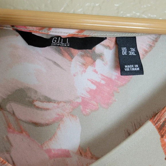 G.I.L.I Beige Tropical Floral Short Sleeve Exaggerated High Low Tunic - Picture 6 of 7